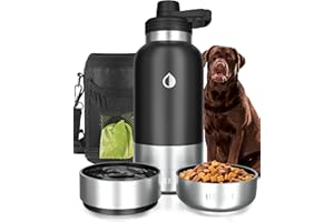 HEMLI 32 oz. Dog Water Bottle, Insulated Dog Travel Water Bottle, Stainless Steel Pet Water Bottle Dispenser Portable Food and Water Bowl for Dogs with Carrying Case for Walking Dog Canteen Travel Kit
