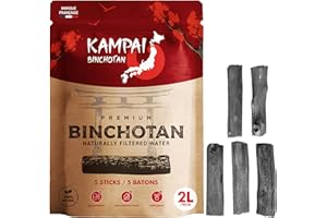 KAMPAI Charbon Actif Eau | Filtre jusqu'à 4.5L / Bâton | Binchotan Naturel | Purificateur Vegetal Bio Carafe filtrante - 6 Mois de Purification Eau du Robinet Bouteille Verre Gourde (5 Bâtons x 2L)