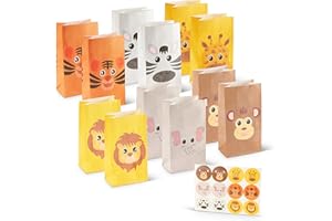 MAGALUGA 12 Stück Mitgebsel Tüten Kindergeburtstag mit Sticker 24x13x8cm Tiere Dschungel Kindertüten Geschenk Geschenkpapier Geschenktüten Geschenktasche Partytüte Mitgebseltüte Candy Bag (Tiere)
