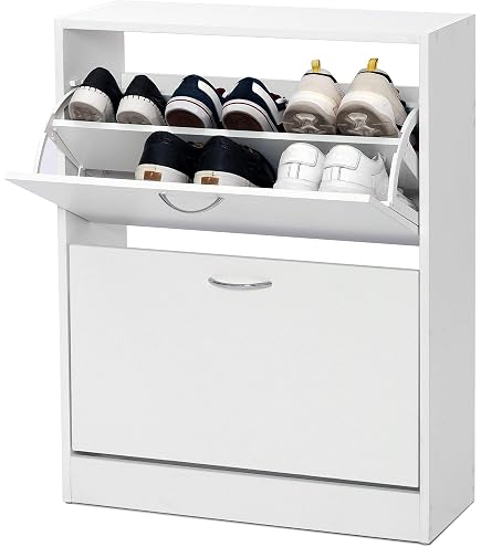 Meuble à Chaussures Tobias 80x90cm - Blanc - 2 Compartiments Basculants + Étages - Rangement Couloir