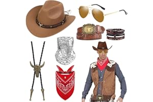 Saier tbo 7 Pièces Déguisement de Cowboy pour Homme, Set d'accessoires de Costume de Cowboy avec Chapeau Lunettes Bandana Masque Collier Bracelet et Ceinture pour Adultes Femmes Halloween cosplay