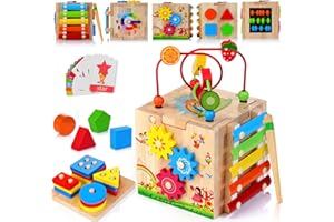 HELLOWOOD Cubo di Abilità Motorie in Legno per Bambini 8 in 1, Giocattoli Impilabile Smistamento Apprendimento Montessori per Ragazzi di 1 2 3 Anni