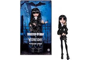 Monster High x Wednesday Addams-docka i svart klänning | Samlardocka av Wednesday i klänning med krage, matchande strumpor, a
