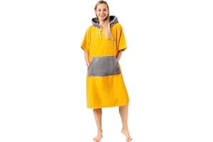 ZENACROSS Poncho Surf Bagno e Sport L/XL Giallo - Spugna 100% Cotone - Poncho Donna, Poncho Uomo, Adulto e Bambino con Tasca e Cappuccio - Ideale per Surf, Spiaggia, Piscina e Asciugam
