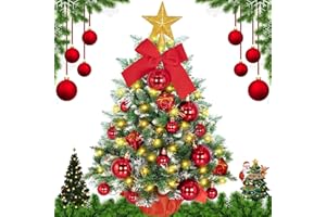 BBLTIFF Arbol de Navidad Pequeño 58cm, Árbol de Navidad Artificial con 30 LED, Arbol de Navidad Decorado con Bolas Rojas, Estrellas, Lazos y Cajas de Regalo, Para Decoraciones Navideñas y de Sobremesa