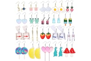 JeryWe 20 Pairs Weird Funny Earrings For Women Teens Gummy Bear Goldfish Water Bottle Mushroom Dinosaur Moon and Stars Strawberry Egg Cute Aesthetic Drop Dangle Earring Set
