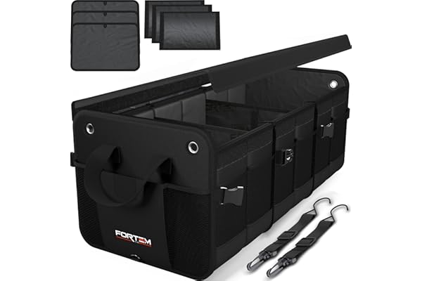 FORTEM Organisateur de Coffre SUV, Sac Rangement Pliable Multi Compartiments, Accessoires Auto Femme Homme, Oxford 1680D, Fond Antidérapant, Sangles Réglables, Couvercle Souple (90)