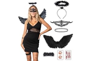 HALLOWEENMANIA 7 pcs Black Angel Costume - Halloween Costumes For Women - Adult & Teen One Size Fits All Accessories Set - 2023 Trending Fancy Dress - UK Based Brand