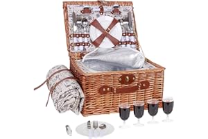 ARK MIIDO Picnic Basket for 4 Wicker Picnic Set with Insulated Cool Box & Waterproof Blanket & Cutlery Service Kit Wicker Picnic Basket Set for Camping Outdoor Birthday Party