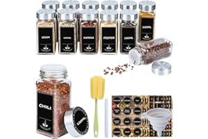 Ferghana 12Pcs Pot a Epices,120ml Bocaux Epices, Rangement Epices Cuisine, Pots à Épices Avec Couvercle Acier Inoxydable, Etiquette, Stylo, Entonnoir, Brosse, Bocaux Rangement Cuisine Accessoires
