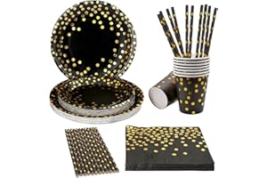 ASSUGO Geburtstagsdeko Mädchen Pappteller Schwarz, 100 pcs Pappteller kindergeburtstag deko, einweggeschirr partygeschirr Geburtstag für Teller Becher Strohhalme servietten Schwarz gold -20 Gäste