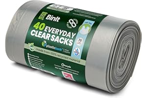BIN IT 40 Clear Large 70L Strong & Secure, Tie Top, Recycling Sacks, Bin Bags, Bin Liners, Refuse Sacks, Recycled, Tear Resistant, 120 Gauge - 30 μm, Perfect for Everyday Use