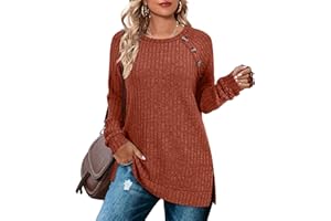 Aokosor Long Sleeve Tops Women Lightweight Jumpers Ladies Button Side Splits Tunic