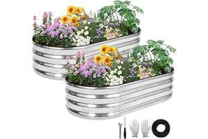 INNO STAGE Galvanized Steel Raised Garden Bed – 120x60x30cm (4x2x1ft) Oval Metal Planter Box with Safety Edging & Free Gloves | Outdoor Raised Bed for Vegetables, Flowers, Herbs & Fruits (Silver-2 Pack)