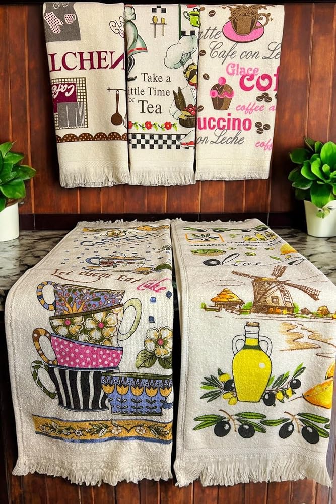 5'li Saçaklı Pamuklu Baskılı Havlu Seti 40x60 cm El Yüz Mutfak Havlusu Yumuşak Desenli Su Emici Set (5 li Set 5)