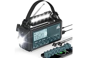 Roxicosly 12000mAh Wind Up Solar Radio with Phone Charger, Portable Emergency Hand Crank Radio AM/FM/SW with LED Torch & Reading Light, SOS Alarm, IPX6, Headphone Jack for Camping,Hiking