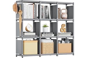Tienily Book Shelf, Cube Storage Organizer, DIY Bookcase, Portable Metal Bookshelf, Tall Book case for Bedroom, Living Room, Study Room, Office, Closet, Black Cubicle Rack (Grey, 9-Grid)