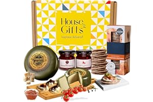 HOUSE OF GIFTS Luxury Cheese & Chutney Mini Hamper Gift Box with Mature Cheddar Truckle, Hot Chilli Jam, Sweet Chilli Jam & Savoury Crackers – Artisan Cheese Board Hampers Gift Set, Christmas Platter