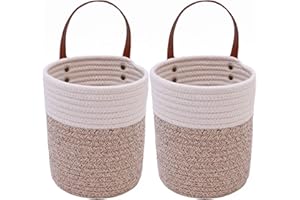 AUNHUIT Hanging Storage Baskets Set of 2 For Wall/Door/Garage/Cabinets/Closet Organizer 17 x 20 cm Small Cotton Rope Basket with Leather Handle Open Storage Bins Home Décor for Flower Plants