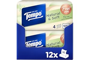 ‎TEMPO Tempo natural & soft Taschentücher Box - Megapack - 12 Boxen, 90 Tücher pro Box - natürliche, extra weiche Papiertaschentücher, waschmaschinenfest