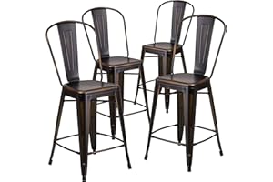 Flash Furniture Commercial Grade 4 Pack 24" High Distressed Metal Indoor-Outdoor Counter Height Stool with Back, Copper, Set of 4