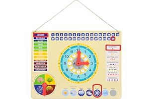 oqono Lernuhr aus Metall mit Magneten für Kinder, Kalenderuhr, farbenfrohe Lerntafel, Wochentage, Wetter, Monate und Jahreszeiten.