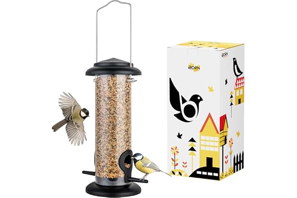iBorn Mangeoire à Oiseaux en métal pour graines mélangées, mangeoire à graines du Niger, cœur de Tournesol, Vert 14 Pouces 4 Ports (Noir, 2 Port)