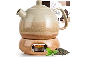 Happy Lemuro Keramik Teekanne mit Stövchen und Sieb - 1,4 l - Große Teekanne mit Siebeinsatz und Kerzenwärmer - Tee Kanne für losen Tee (Beige)