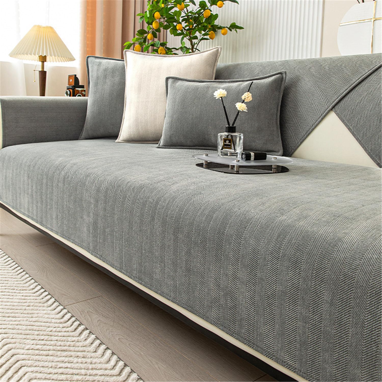 Herringbone Chenille Fabric Furniture Protector Sofa Cover 1 Seater, Non-Slip Sofa Slipcovers for Corner L Shape, Thick Textured Sofa Cushion Covers Furniture Protector (Grey,70x70cm)
