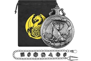 DND DADO Mini DND Dice Set with Border Standing Dragon Pattern Pocket Watch Shell Case, DND Starter Set, 7pcs Polyhedral Metal Dice Set, D&D Gifts with Gift Bag, Role Playing Board Game Accessories, Silver