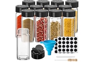 hanmir 12er Gewürzgläser Set,120ml Glas Gewürzdosen eckig Aufbewahrung mit Schwarz Deckel, Trichter, Bürste, Etiketten & Kreidestift,10,5 x 4,3 cm