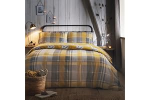 Dreams & Drapes - Ochre Checkered Hedgehog Duvet Cover - King Bedding Size (230 x 220cm) - Soft 100% Brushed Cotton - Reversible Design - Ochre Yellow Flannelette Woodland Bedding with Hedgehogs