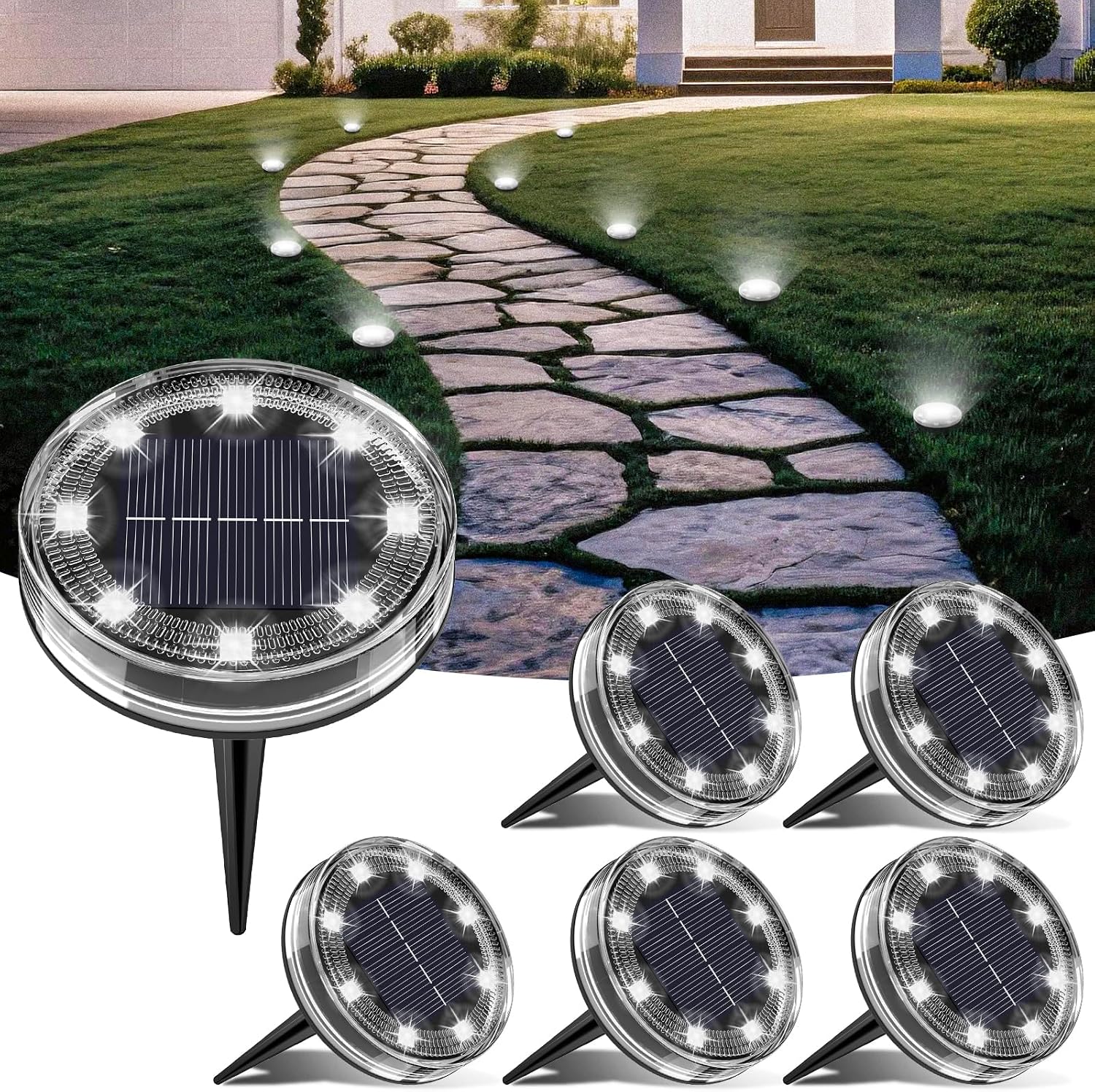 LOTMOS Solar Lights Outdoor Garden, 6 Pack 8 LED Solar Ground Disk Light, IP65 Waterproof Garden Lights for Pathway Lawn Yard Patio Landscape Walkway (Cool White)