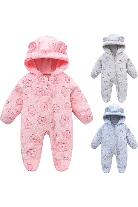 WYTbaby Tuta Invernale In Pile Per Neonati 0-12 Mesi - Con Cappuccio E Orecchie Da Orso, Calda E Morbida - Foto 2