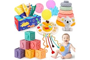 Gontence Giochi Neonato 6 Mesi, Giochi Montessori 1 Anno | Torre Cubi Impilabili Bambini, Scatola Fazzoletti Montessori, Palla Neonato Sensoriale, Regalo 12 Mesi