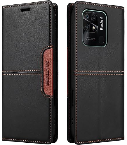 Cover Portafoglio Per Redmi 10C/10 Power Con Vetro Temperato – PU Pelle, Slot E Supporto, Nero