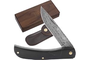 YOUSUNLONG Couteau Pliant de Poche 190 mm - Couteau de Tous Les Jours - Couteau à Une Main avec étui en Cuir et boîte à Couteaux en Bois - Manche en Corne de Buffle