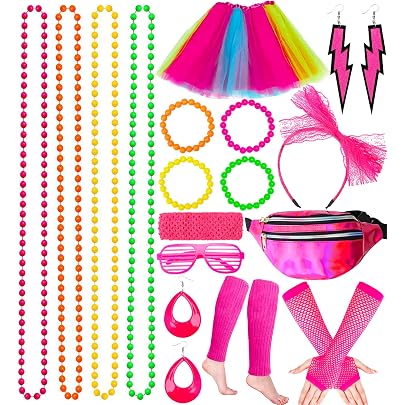 Set De 17 Accesorios De Fiesta Neón Años 80 Para Mujer | Gafas De Corazón, Pulseras, Riñonera, Gargantilla Y Pendientes | Pack Retro Para Disfraces Y Fiestas Temáticas