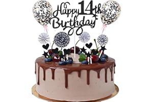 CNROSE Happy 14th Birthday Tortendeko 14 jahre junge mädchen Kuchendeko 14. Geburtstag Schwarz Tortendeko 14. Geburtstag junge Tortendeko Schwarz Mit Herz Stern Ballon Glitter Cake Topper für 14 Geburtstag