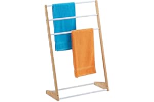 Relaxdays Porte-Serviette sur Pied, 3 Barres, Salle de Bain, Chambre, HLP : 98 x 62 x 30 cm, Bambou et Fer, Nature/Blanc