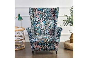 MINGPINHUIUS Wingback Chair Covers - Super Soft Stretch Wing Chair Slipcover Wing Back Chair Cover 2 Piece Set Armchair Covers Furniture Protector for Living Room Bedroom Hotel (Blue Flower)
