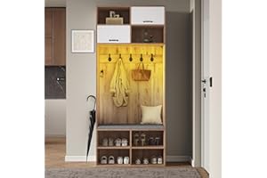 ‎MERAX Merax Flurgarderobe Garderobenschrank Flur, Garderobenset mit Sitzbank, LED-Beleuchtung, 5 Haken, 2 Türen & 6 Offener Lagerraum, Garderobenständer für Eingangsbereich, Naturholzfarbe, 80×185×35 cm