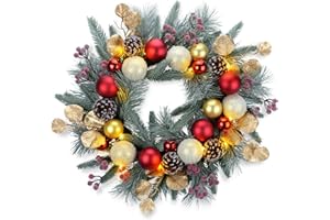 YULETIME 20-inch Christmas Wreath, Battery Operated Holiday Wreath with 20 Fairy Lights, Baubles, Berries, Pine Cones, Leaves, Frosted Spruce Branches and Pine Needles (Red)