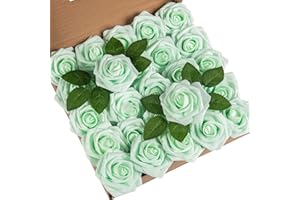 DuHouse 25 Rose Artificiali Fiori di Rose finte con gambi Veri Fiori in Schiuma al Tatto, per Bouquet di Nozze Fai da Te, Composizione Floreale, Decorazione per la casa per Feste (Verde Menta)