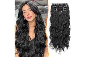 ‎BARSDAR BARSDAR Clip in Schwarz Haarverlängerung Für Damen, 50CM Lang Wellig Haarextension Clip in 6PCs Voller Kopf Dickes Synthetisches Haarteil Halloween (Natürliches Schwarz)