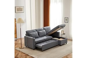 Miyemo 3 Seater Sofa Bed with Storage, 3-In-1 Convertible Corner Sofa Bed with Cup Holders & Magazine Pockets, L Shaped Sofa for Living Room, Office, Grey