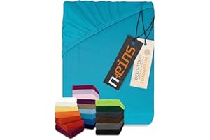 npluseins Sábana bajera clásica, ajustable, de punto, disponible en 34 colores modernos y 6 tamaños diferentes, 100 % algodón, 90-100 x 200 cm, turquesa
