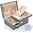 Sasha Morel 2-Layer Jewellery Box with Lock & Keys, Velvet Lined Travel Jewellery Box - Organiser - Necklace and Ring Storage, Gift for Girls and Women - Ideal for Home Accessories - Grey
