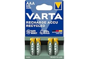 VARTA Batterien AAA, wiederaufladbar, 4 Stück, Recharge Accu Recycled, Akku, 800 mAh Ni-MH, aus 21% recyceltem Material, vorgeladen, sofort einsatzbereit