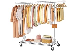 FAVOOSTY Schwerlast Kleiderständer auf Rollen, Garderobenständer Metall, Mobiler Kleiderständer Stabil, Bis 200KG Kleiderwagen Metallm, 1 Min Schnelle Installation